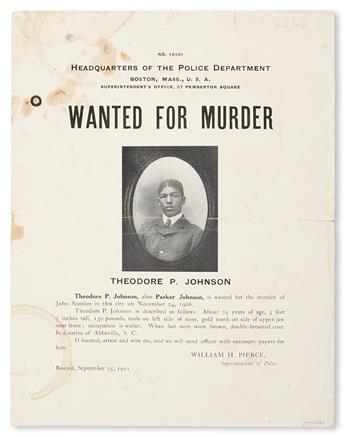 (CIVIL RIGHTS--CRIME.) BOSTON POLICE DEPARTMENT. Wanted for Murder, Theodore P. Johnson.